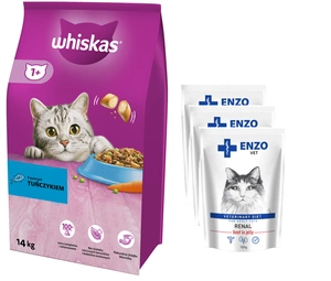 WHISKAS Hrană uscată pentru pisici 1+ cu ton 14 kg + ENZO VET Renal cu carne de vită în jeleu pentru pisici 3x100 g