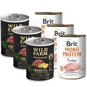 Brit Mono Protein cu curcan 3x400g + Wild Farm Monoprotein Mistreț 3x400g