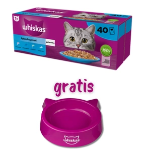 WHISKAS Adult pungi 40 x 85 g Delicatese din pește – hrană umedă pentru pisici adulte, în jeleu (bucăți cu: somon, ton, cod, pește alb) + BOL PENTRU PISICI GRATUIT!!!