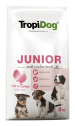 Tropidog Premium Junior pentru rase mici și mijlocii Tropidog Premium Junior Somon cu orez 8kg