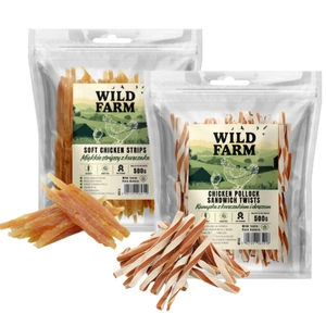 WILD FARM sandviș cu pui și cod 500 g gustare pentru câini + WILD FARM fâșii moi de pui 500 g gustare pentru câini