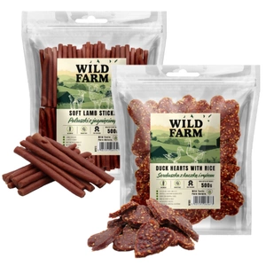 WILD FARM Lamb Chips 500g tratează câinele+WILD FARM Hearts cu rață și orez 500g tratează câinele
