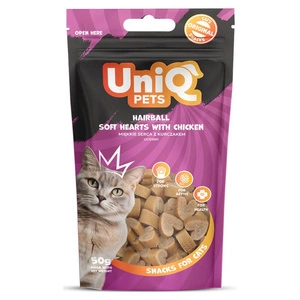 UNIQ PETS tratează pisici - bile de păr inimi moi cu pui 50g