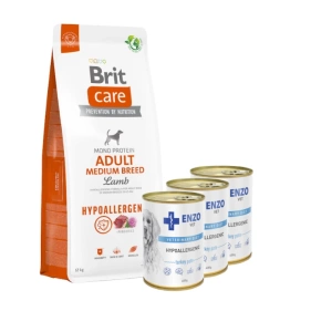 BRIT CARE Dog Hypoallergenic Adult Medium Breed Lamb 12 kg + 3xENZO VET Dietă hipoalergenică cu curcan pentru câini 400 g
