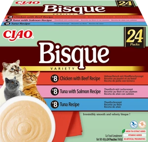 INABA Cat Ciao Bisque - hrană complementară pentru pisici, supă cremă cu pui, vită, ton și somon 24x40g