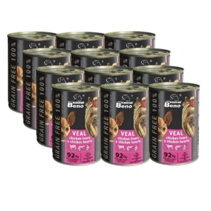Super Beno GRAIN-FREE gustări pentru câini cu vițel, ficat de pui și inimi de pui în sos 12x415g
