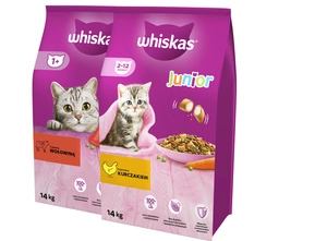 WHISKAS Hrană uscată pentru pisici 1+ cu carne de vită 14 kg + WHISKAS Hrană uscată pentru pisoi juniori cu pui 14 kg - 3% reducere!!!