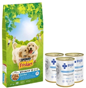 PURINA Friskies Junior cu pui lapte și legume 15kg+ENZO VET dietă hipoalergenică cu curcan pentru câini 3x400g