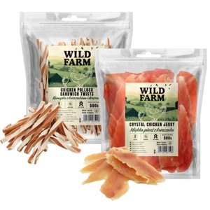 WILD FARM sandwich cu pui și cod 500g tratament pentru câini+WILD FARM piept de pui moale 500g tratament pentru câini