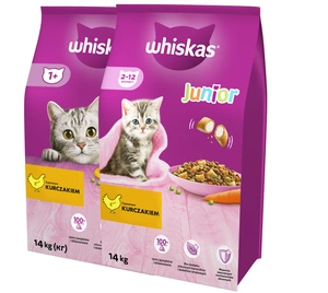 WHISKAS Hrană uscată pentru pisici 1+ cu pui 14 kg + WHISKAS Hrană uscată pentru pisoi Junior cu pui 14 kg - 3% reducere!!!