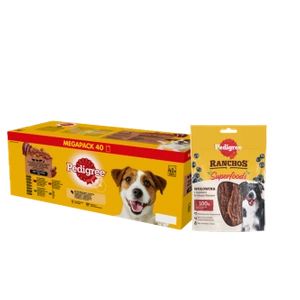 PEDIGREE Adult plic 40x100g - Arome mixte în jeleu - hrană umedă completă în jeleu pentru câini adulți + PEDIGREE® Ranchos™ Superfoods cu carne de vită, fructe de pădure și cereale integrale 70g GRATIS