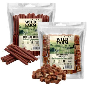 WILD FARM bastonașe de miel 500 g gustare pentru câini + WILD FARM cuburi moi de miel și cod 500 g gustare pentru câini