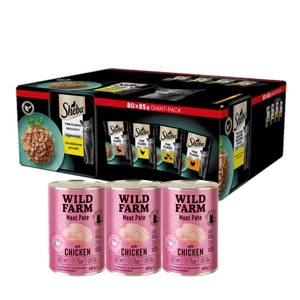 SHEBA pliculețe 80x85g Delicacy Poultry flavour - hrană umedă pentru pisici, cu jeleu, cu rață, cu pui, cu pasăre, cu curcan + WILD FARM Pate de pui 3x400g