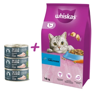 WHISKAS Hrană uscată pentru pisici 1+ cu ton 14kg+WILD FARM Mousse White Fish 3x85g