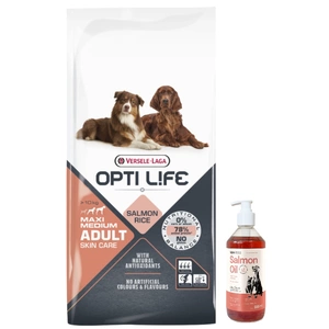 Versele-Laga Opti Life Adult Skin Care Medium&amp;Maxi cu somon 12,5 kg + LAB V Ulei de somon pentru câini și pisici 500 ml