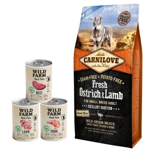 Carnilove Fresh Struț Miel Adult 6 kg + Wild Farm Pate MIX Arome 3x400 g