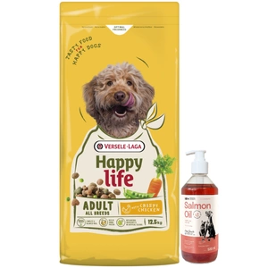 VERSELE-LAGA Happy Life Adult cu pui 12,5 kg – hrană pentru câini adulți cu pui + LAB V Ulei de somon pentru câini și pisici 500 ml