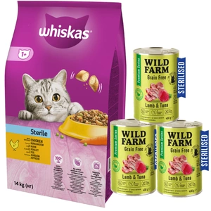 WHISKAS Hrană uscată pentru pisici sterilizate 1+ Sterile cu pui 14 kg + WILD FARM Premium fără cereale cu miel și ton 400 g + WILD FARM Premium fără cereale cu miel și ton 3x400 g