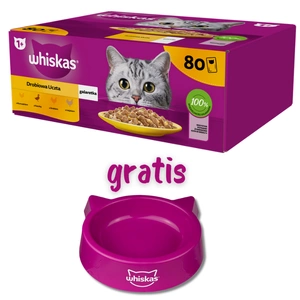 WHISKAS Adult pungă 80 x 85 g Poultry Feast – hrană umedă pentru pisici adulte, în jeleu (bucăți cu: pui, rață, păsări, curcan) + BOL PENTRU PISICI GRATUIT!!!