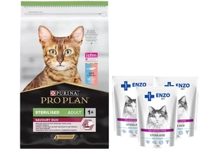 PURINA Pro Plan Cat Sterilised Cod și păstrăv 10 kg + 3x ENZO VET Sterilised cu vițel în sos 100 g