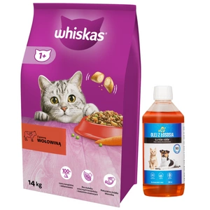 WHISKAS Hrană uscată pentru pisici 1+ cu carne de vită 14 kg + LAB V 500 ml - 5% reducere!!!