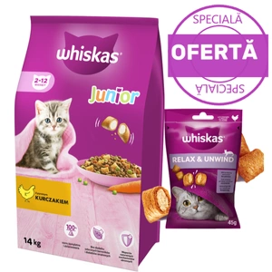 WHISKAS Hrană uscată pentru pisoi Junior cu pui 14kg+WHISKAS Relaxare 45g