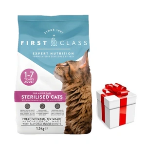 Hrană uscată First Class Sterilised 1,5 kg pentru pisici sterilizate cu aromă de pui + SURPRIZĂ PENTRU PISICĂ