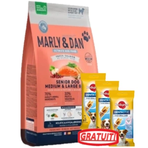 Hrană uscată Marly & Dan Senior Dog Rase Medii și Mari Somon Proaspăt Holistică și Hipoalergenică 12 kg + PEDIGREE DentaStix 3x45/77g