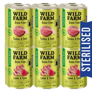 WILD FARM Premium Grain Free TurTukey and Veal / Lamb and na 12x400g - hrană fără cereale pentru pisici sterilizate