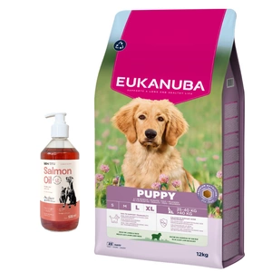 EUKANUBA Puppy &amp; Junior Lamb &amp; Rice Large Breeds 12 kg +LAB V Ulei de somon pentru câini și pisici 500 ml