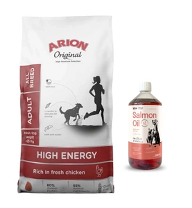 ARION Original High Energy Active All Breeds 12kg+LAB V Salmon Oil pentru câini și pisici 1000ml