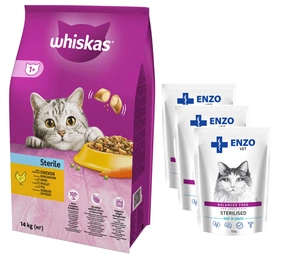 WHISKAS Hrană uscată pentru pisici sterilizate 1+ Sterile cu pui 14 kg+ENZO VET Sterilizate cu vițel în sos 3x100 g