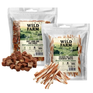 WILD FARM sandviș cu pui și cod 500 g gustare pentru câini + WILD FARM cuburi moi cu miel și cod 500 g gustare pentru câini