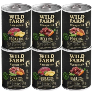 WILD FARM Monoprotein Mix of Flavours 6x400g hrană hipoalergenică pentru câini