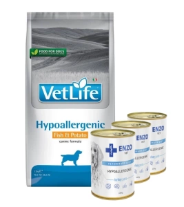 Farmina Vet Life Canine Hypoallergenic Fish &amp; Potato 12 kg + 3x ENZO VET Dietă hipoalergenică cu curcan pentru câini 400 g