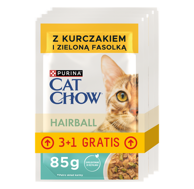 CAT CHOW Hairball Hrană pentru pisici cu pui și fasole verde în sos 4x85g (3+1 GRATUIT)