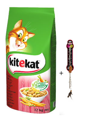 KITEKAT Hrană uscată pentru pisici cu carne de vită și legume 12kg+Pet Nova Cat jucărie de jucărie de pescuit cu pește. Lungimea tijei : 40cm