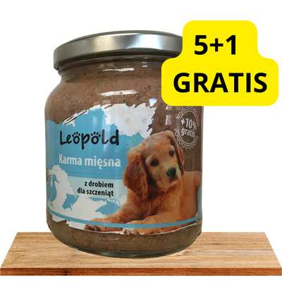 Leopold Puppy Hrană cu carne de pasăre 6x300g + 10% Gratis (Borcan)