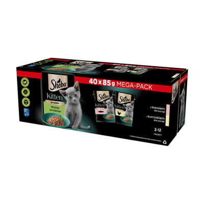 SHEBA Kitten aromă pachet 40x85 g - hrană umedă completă pentru pisoi în sos (reduceri cu: somon, pui)