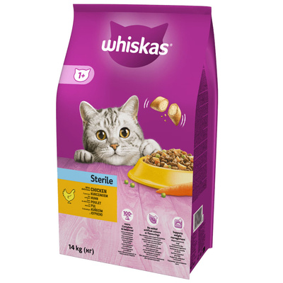 WHISKAS Hrană uscată pentru pisici 1+ Sterilă cu pui 14kg + SURPRIZĂ PENTRU PISICĂ !!!
